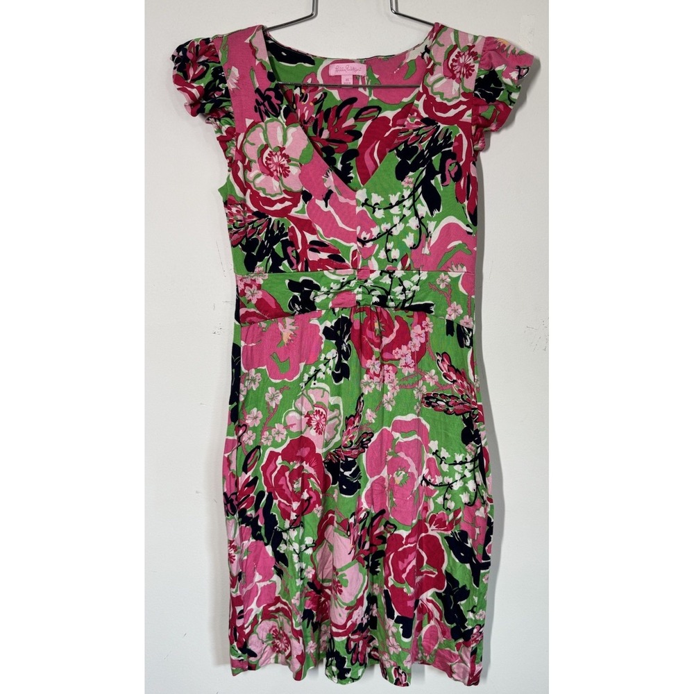 Lilly Pulitzer Clare Silk Blend V-Neck Vibrant Pink‎ Floral Ruffle Dress Size XS